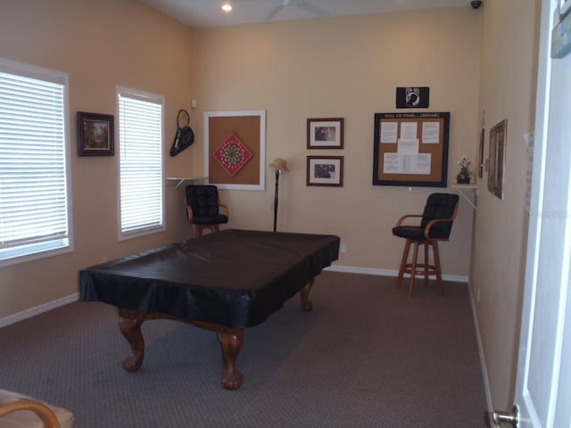 recreation room with pool table, carpet, and baseboards