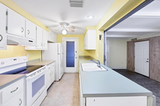18348 Yale Ave, Port Charlotte, FL 33948 - kitchen featuring white appliances, under cabinet range hood, a sink, a ceiling fan, and white cabinetry