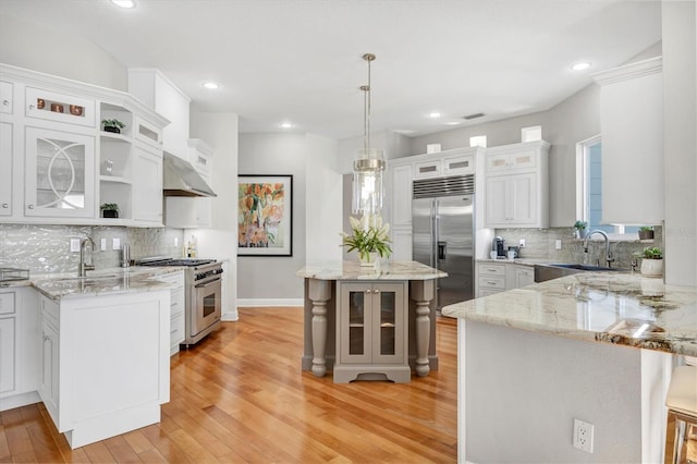 810 Siesta Dr, Sarasota, FL 34242 - kitchen with high end appliances, under cabinet range hood, a sink, light wood-style floors, and tasteful backsplash
