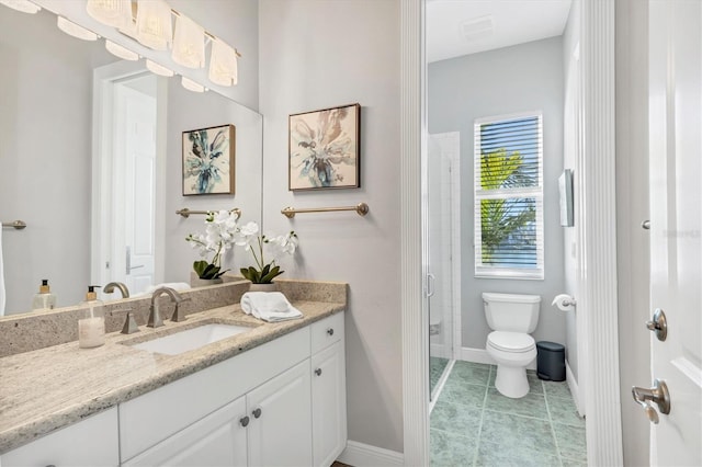 810 Siesta Dr, Sarasota, FL 34242 - bathroom featuring vanity, toilet, a stall shower, baseboards, and tile patterned floors