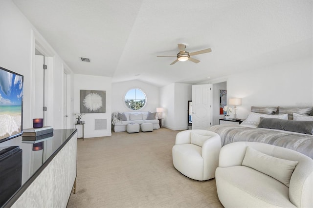 810 Siesta Dr, Sarasota, FL 34242 - bedroom with vaulted ceiling, light colored carpet, a ceiling fan, and baseboards