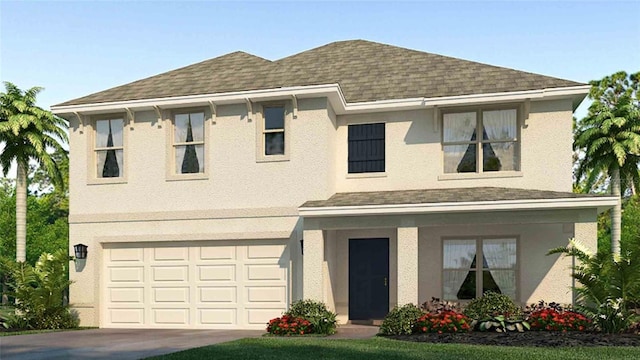 view of front of house featuring stucco siding, concrete driveway, a garage, and roof with shingles