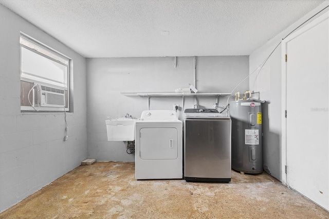 laundry area with electric water heater, cooling unit, washer and dryer, a textured ceiling, and concrete block wall