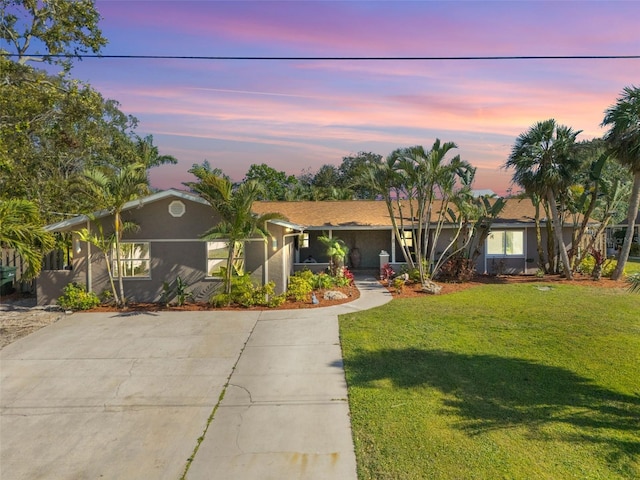 ranch-style house with a yard, driveway, and stucco siding