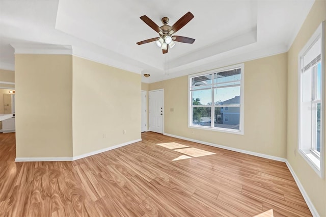 spare room featuring plenty of natural light, light wood-style floors, and a tray ceiling