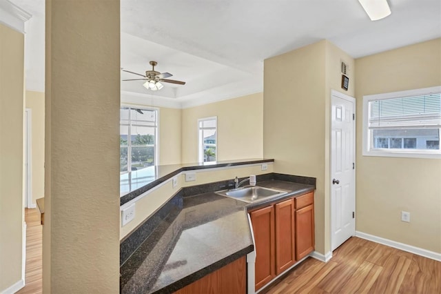 kitchen featuring light wood-style flooring, a sink, dark countertops, baseboards, and ceiling fan