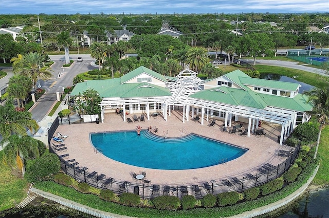 view of pool featuring a gazebo, a patio area, and fence