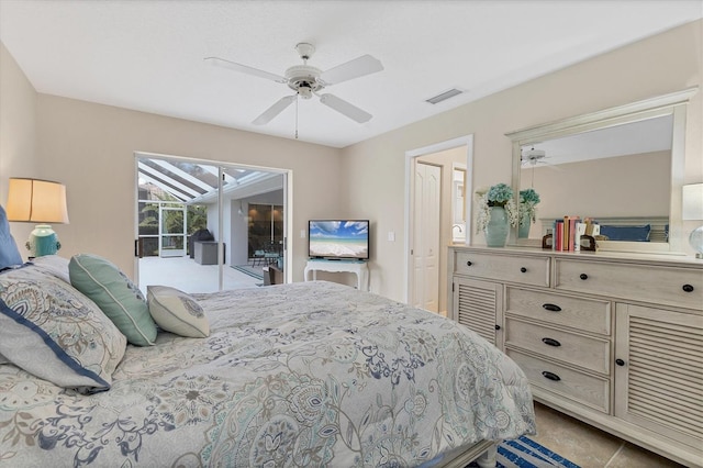 bedroom with access to exterior, visible vents, a ceiling fan, and a sunroom