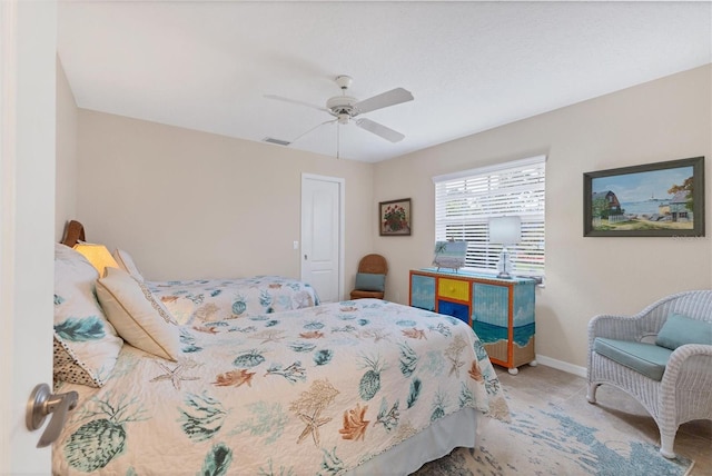 bedroom with visible vents, ceiling fan, and baseboards