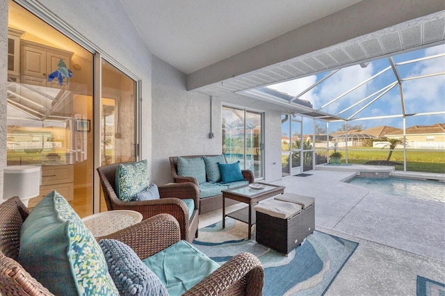 view of patio / terrace featuring an outdoor living space, visible vents, an outdoor pool, and a lanai