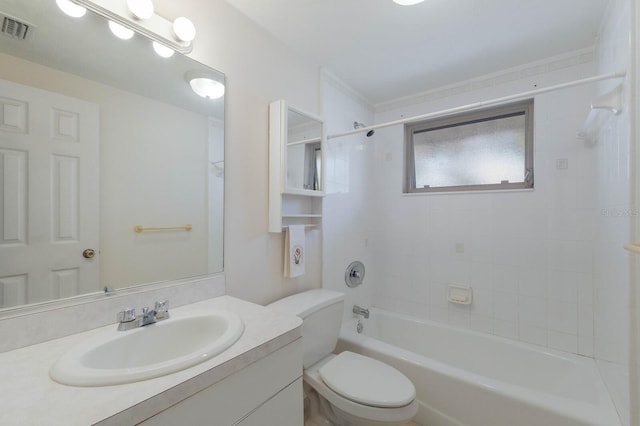 bathroom with visible vents, toilet, shower / bath combination, and vanity