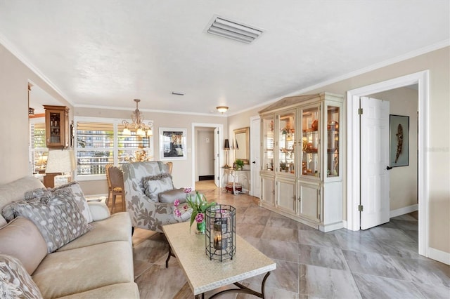 living area with visible vents, a chandelier, and crown molding