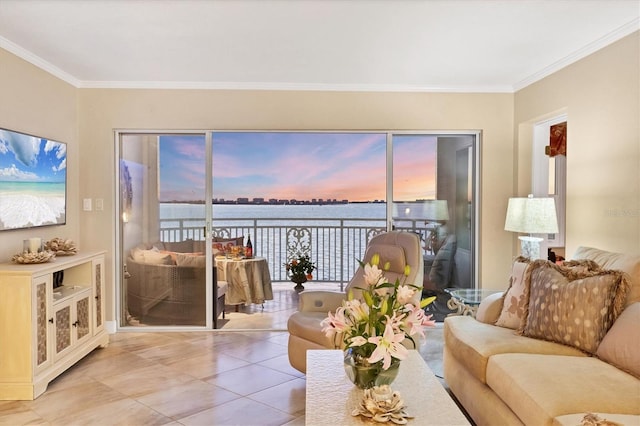 living area with light tile patterned floors, a water view, and ornamental molding