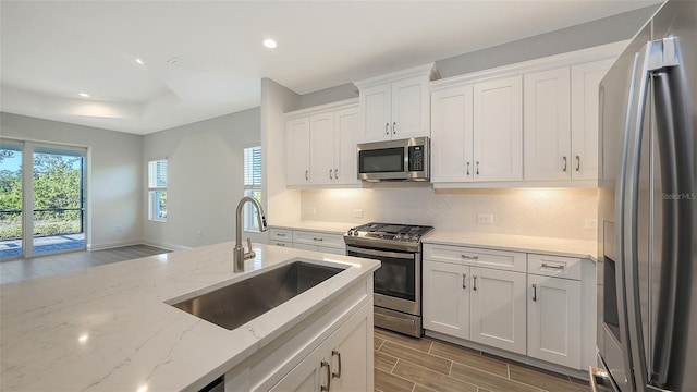 kitchen with a sink, decorative backsplash, stainless steel appliances, white cabinets, and a raised ceiling