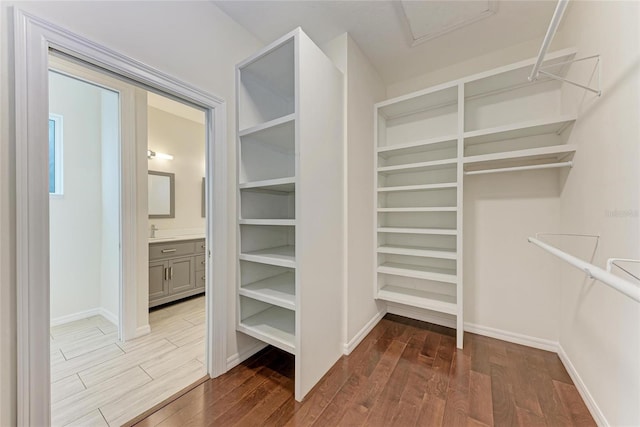 walk in closet with a sink and wood finished floors