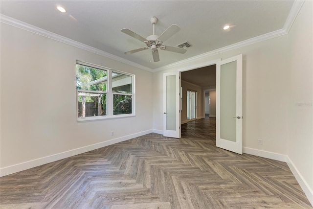 unfurnished room with visible vents, a ceiling fan, recessed lighting, crown molding, and baseboards