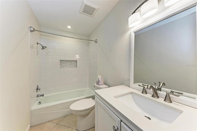 bathroom with visible vents, toilet, shower / bath combination, tile patterned floors, and vanity