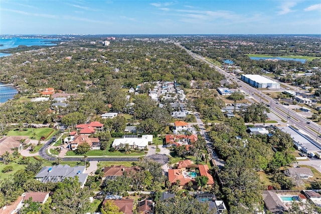 bird's eye view with a water view