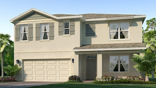 view of front of home with a garage, a shingled roof, and stucco siding