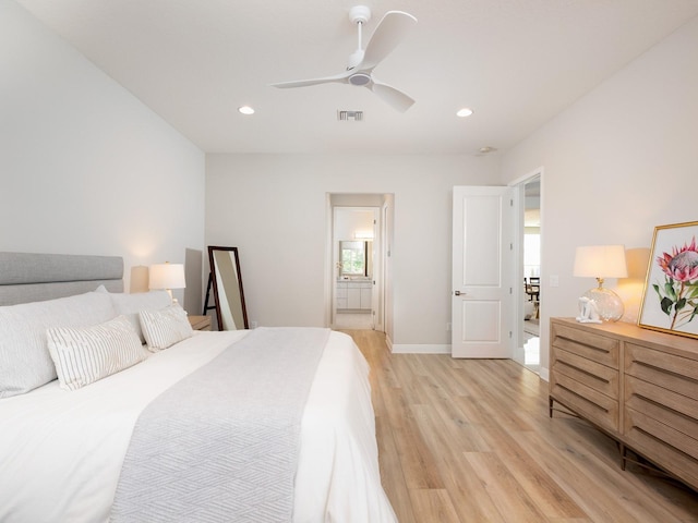 bedroom featuring multiple windows, recessed lighting, visible vents, and light wood-type flooring