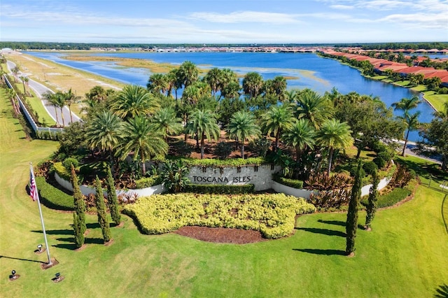 birds eye view of property featuring a water view