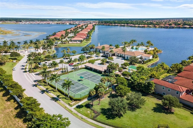 aerial view with a residential view and a water view