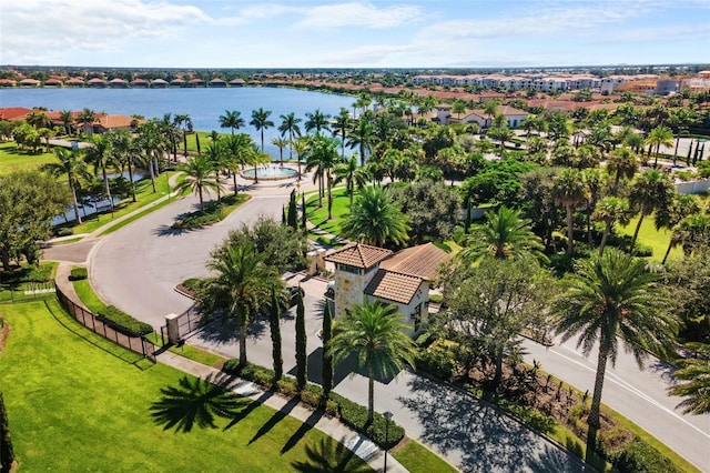 bird's eye view with a water view