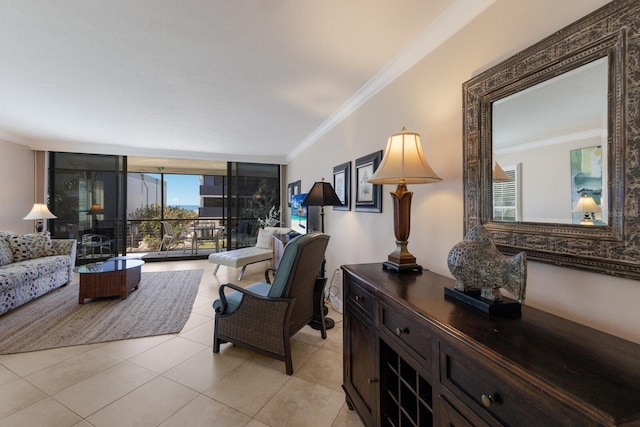 living area featuring a wall of windows, crown molding, and light tile patterned floors