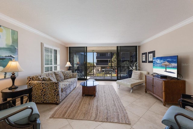 tiled living room with expansive windows and ornamental molding