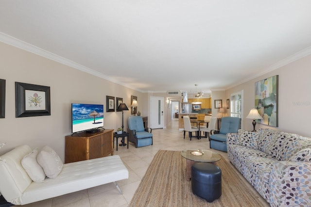 living area featuring light tile patterned floors, visible vents, and ornamental molding