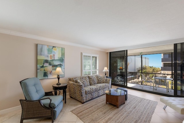 tiled living room with plenty of natural light, baseboards, and ornamental molding