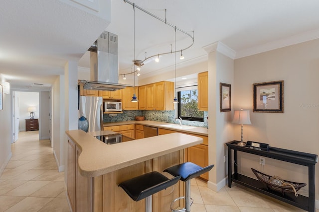 kitchen with island exhaust hood, a sink, ornamental molding, appliances with stainless steel finishes, and tasteful backsplash