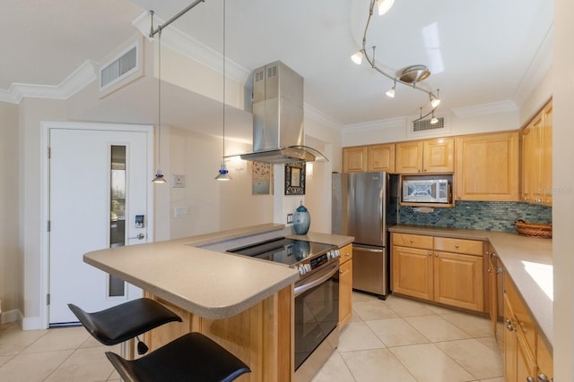 kitchen with visible vents, island exhaust hood, stainless steel appliances, crown molding, and decorative backsplash