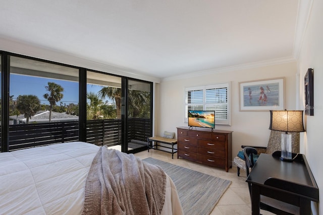 bedroom featuring access to exterior, multiple windows, crown molding, and light tile patterned floors