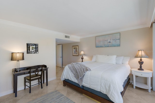 tiled bedroom with visible vents, baseboards, and ornamental molding