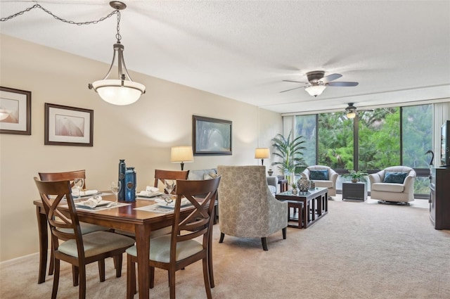 dining room with light carpet, floor to ceiling windows, a textured ceiling, and ceiling fan