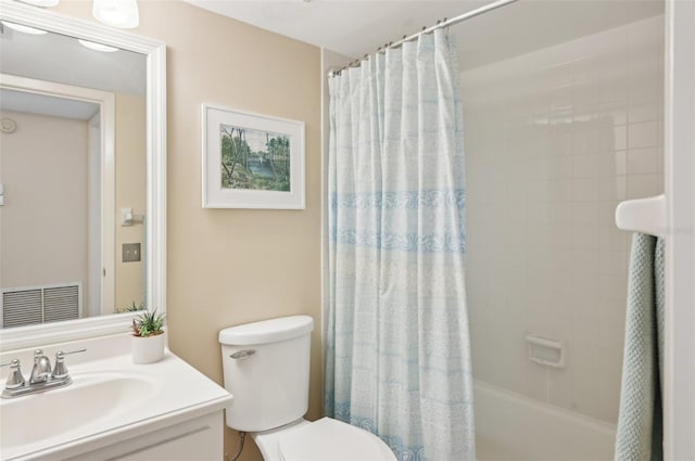 bathroom with visible vents, shower / bathtub combination with curtain, toilet, and vanity