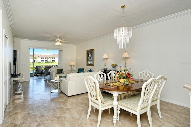 dining area featuring light tile patterned floors, ceiling fan with notable chandelier, baseboards, and ornamental molding