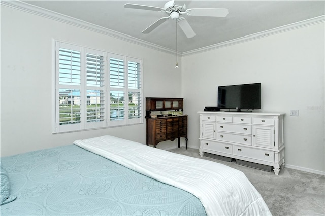 bedroom featuring baseboards, light colored carpet, ornamental molding, and a ceiling fan