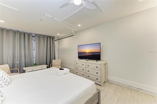 bedroom featuring recessed lighting, ceiling fan, baseboards, and light wood-style floors