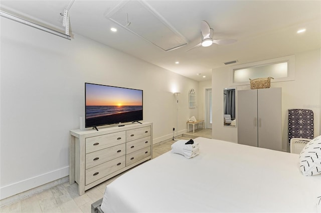 bedroom featuring recessed lighting, visible vents, baseboards, and attic access