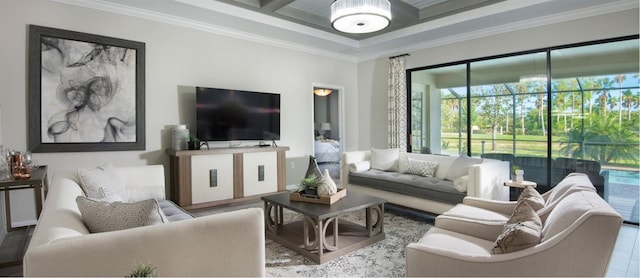 living room featuring crown molding, a sunroom, coffered ceiling, and beam ceiling