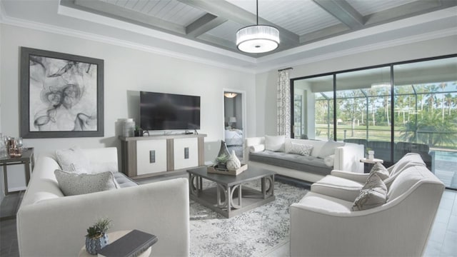 living room featuring beam ceiling, coffered ceiling, and ornamental molding