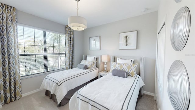 bedroom featuring multiple windows, baseboards, and carpet