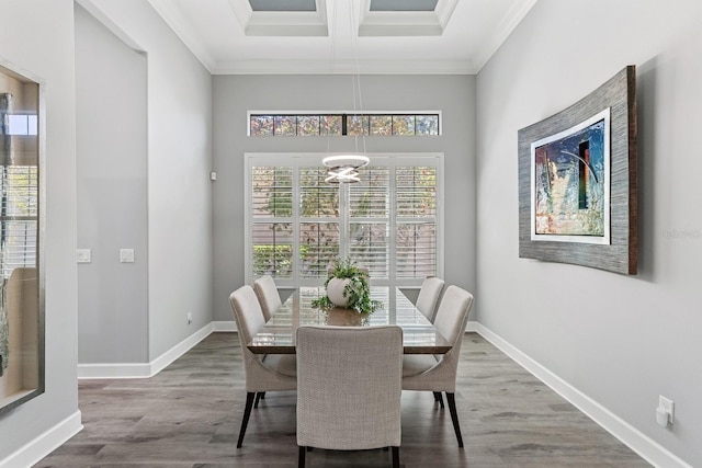 dining area with wood finished floors, baseboards, and ornamental molding