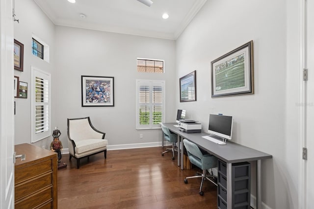 office with recessed lighting, crown molding, baseboards, and wood finished floors