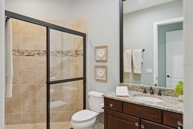 full bathroom with a shower stall, toilet, and vanity