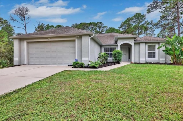 single story home with a garage, stucco siding, concrete driveway, and a front yard