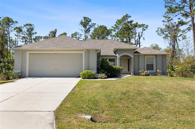 ranch-style house featuring a front yard, roof with shingles, driveway, stucco siding, and a garage