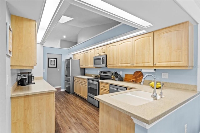 kitchen with wood finished floors, light brown cabinets, a sink, stainless steel appliances, and light countertops